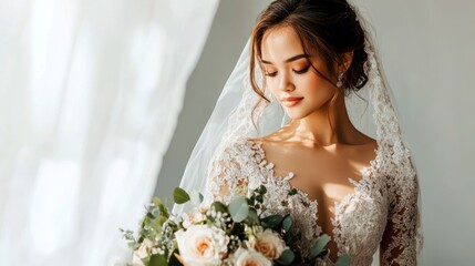 Beaming Southeast Asian bride with soft curls, dressed in a beaded wedding gown, medium shot against a light background, exuding elegance and refinement