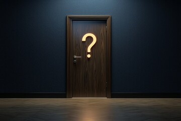 Wall Mural - An isolated closed door with a question mark icon glowing on the door, in an empty room 