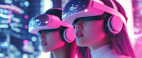 Two Women Wearing VR Headsets Immersed in Virtual Reality with Futuristic Cityscape in the Background