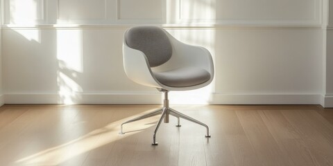 Wall Mural - Modern white chair on wooden floor.