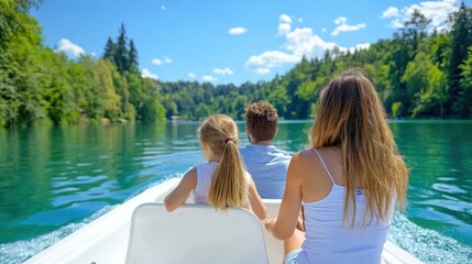 Family Boat Trip on a Lake with Green Water and Blue Sky