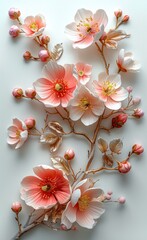 Sticker - 3d wallpaper, beautiful flowers, golden branches and leaves, pink red yellow color, white background