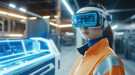 Wall Mural - An Augmented Reality headset wears female engineer creates a production line for 3D CNC machinery using mixed reality and gestures.