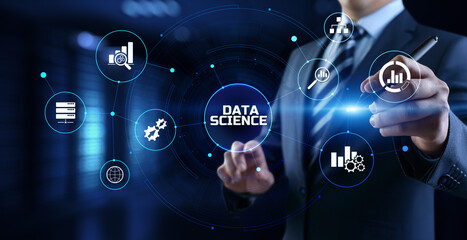 Wall Mural - data science analytics concept. businessman pressing button on screen.
