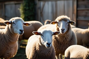 Wall Mural - Three Colorful Sheep Watching from Behind in a Rustic Farm Landscape