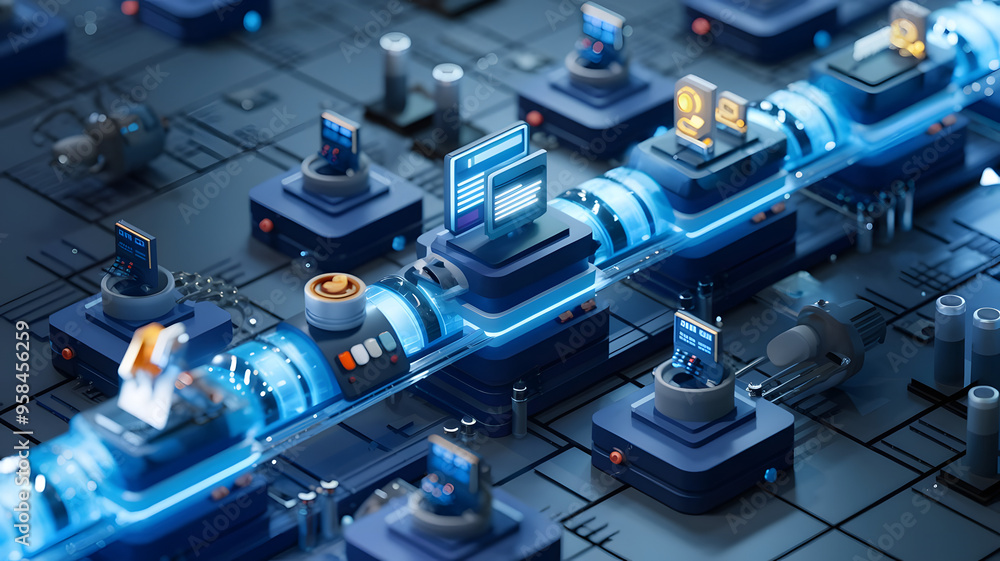Innovation Pipeline:** A digital assembly line with new ideas and ...