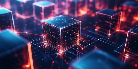 Glowing cubes connected by lines in a network.