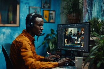 With headphones, African-American videographer meticulously edits video film montage using post-production software to analyze visual effects. Using remote editing software, videomaker retouches