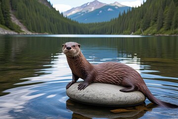 Playful Otter Lounging on a Stone by a Serene Lake in a Forested Mountain Landscape