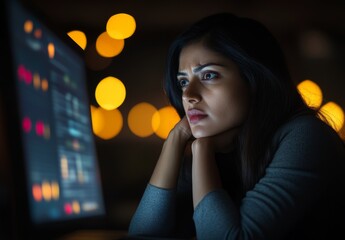 Shot of an attractive young businesswoman sitting alone in the office at night, looking contemplative while using her computer.