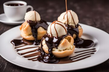 Wall Mural - French profiteroles filled with vanilla ice cream and topped with warm chocolate sauce, AI Generated