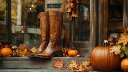 Autumn display of knee-high boots, with pumpkins and leaves in a rustic window, cozy atmosphere highlighting the craftsmanship. Autumn clothing