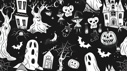 Halloween-themed illustration featuring pumpkins, ghosts, and skulls - AI generated image. Doodle Background