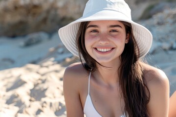 Sticker - Bucket hat mockup happy smile woman.