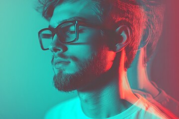 This is a high quality photo with a glitch effect of a caucasian bearded hipster wearing large glasses and looking directly into the camera. The background is a vibrant turquoise color.