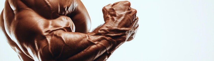 Close-up of a muscular arm showcasing strength and definition against a light background.