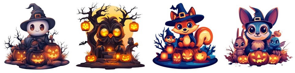 Whimsical Halloween characters with pumpkins, candy, and spooky trees, perfect for festive designs and seasonal projects.