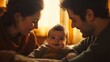© Irina Ukrainets - A joyful family moment captured in warm light. A mother and father gaze lovingly at their smiling baby. This image embodies love and happiness, perfect for family themes. AI
