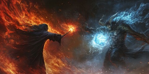 Wall Mural - A fiery mage battles a horned ice creature.