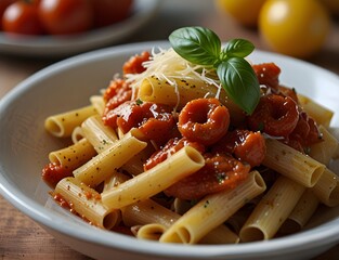 A bowl of al dente pasta tossed in marinara sauce 