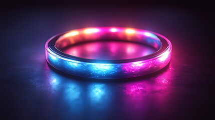 glowing neon ring with a transparent background, featuring a vibrant gradient from electric blue to bright pink and detailed light flares.