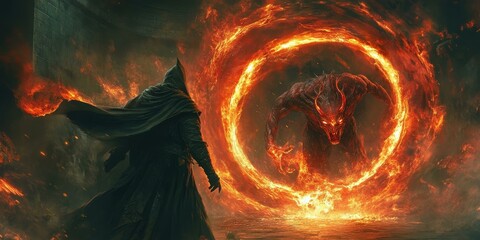 Wall Mural - A cloaked figure facing a fiery beast in a portal.