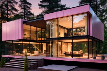 Wall Mural - Modern pink house architecture building plant.