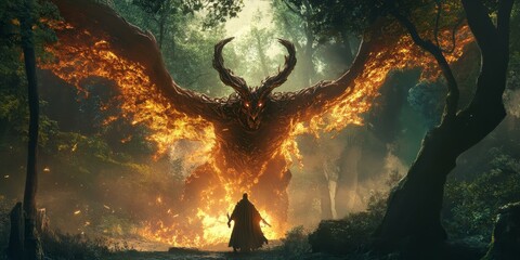 Poster - A fiery beast and a lone figure in a forest.