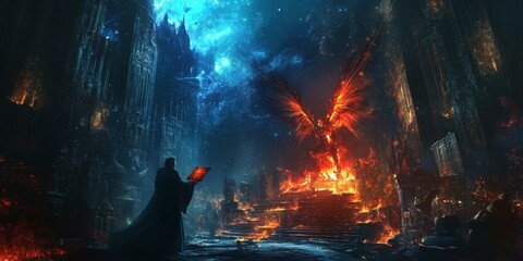 Wall Mural - A hooded figure stares at a fiery winged creature.