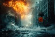 © dashtik - Apocalyptic Cityscape with Explosions and Swirling Smoke in an Abandoned Urban Street