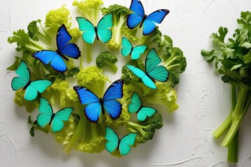 Wall Mural - Vibrant Arrangement of Playful Azure and Celery Butterflies on White Background