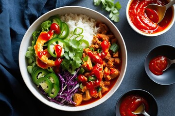 Wall Mural - Vibrant Spicy Bowl with Fiery Sriracha Sauce: Bold Flavor from Side and Top Views