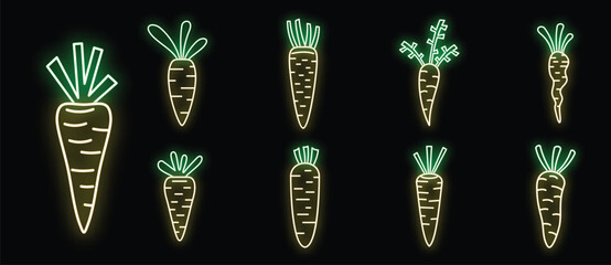 Wall Mural - Glowing neon icons of carrots with leaves in various shapes, creating a playful and vibrant atmosphere