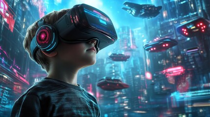 Poster - Cybergame playing boy in VR glasses and armor with images of game episodes. Augmented reality cyberspace.