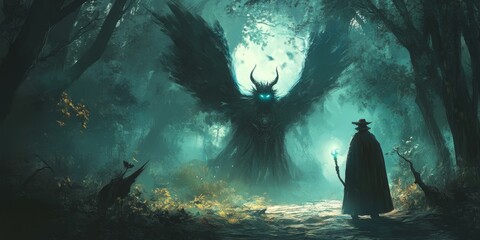 Wall Mural - A hooded figure faces a demonic creature in a misty