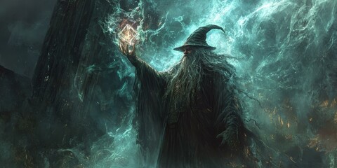 Wall Mural - A wizard with a glowing crystal in a mystical setting.