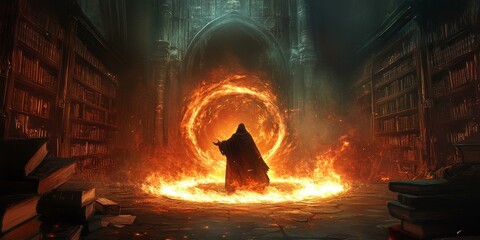 Wall Mural - A hooded figure stands before a fiery portal in a