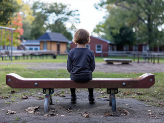 Wall Mural - A little girl sits on a bench in a park. The bench is long and narrow, and the girl is sitting on the end of it. The park is empty, and the girl is the only person in the scene