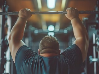 Overweight Man Lifting Weights with Intense Focus at the Gym Detailed Muscles and Equipment