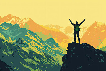 Triumphant Hiker: A Silhouette of Victory Against a Mountainous Backdrop