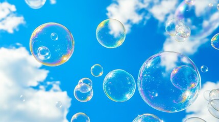 Soap Bubbles Floating Gracefully Against a Bright Blue Sky with Fluffy Clouds