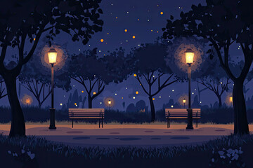 Wall Mural - A Serene Night in the Park: Two Benches Bathed in Golden Light Underneath a Starry Sky, Trees Silhouetted Against the Night.