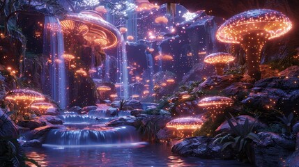 A fantasy scene with a waterfall and glowing mushrooms