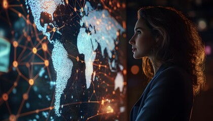 Wall Mural - woman observing digital world map with network connections