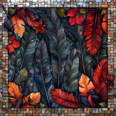 Mosaic artistic image of narrow border of eagle feathers and tiger lilie