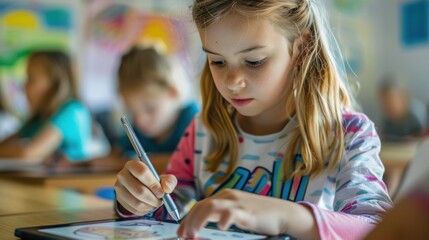 Young girl drawing a picture on a digital tablet in the classroom