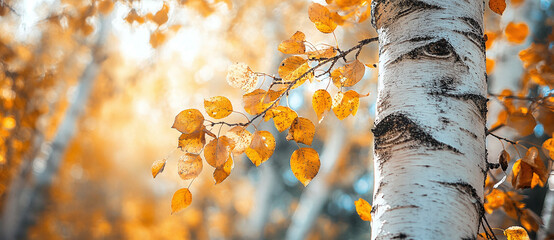 Wall Mural - beautiful birch tree with yellow and green leaves in an autumn forest, blurred background, banner de