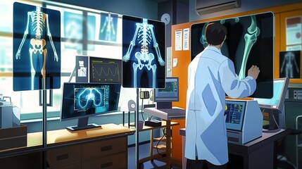 Hospital radiology unit with orthopedic surgeon examining tibia and fibula tibiofibular complex x-rays CT and MRI scans, anime style illustration