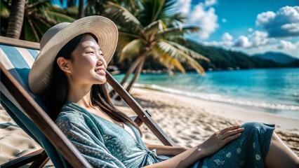 Wall Mural - young asian woman laying on tropical beach