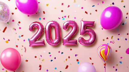 Wall Mural - 2025 new year celebration with pink balloons and colorful confetti